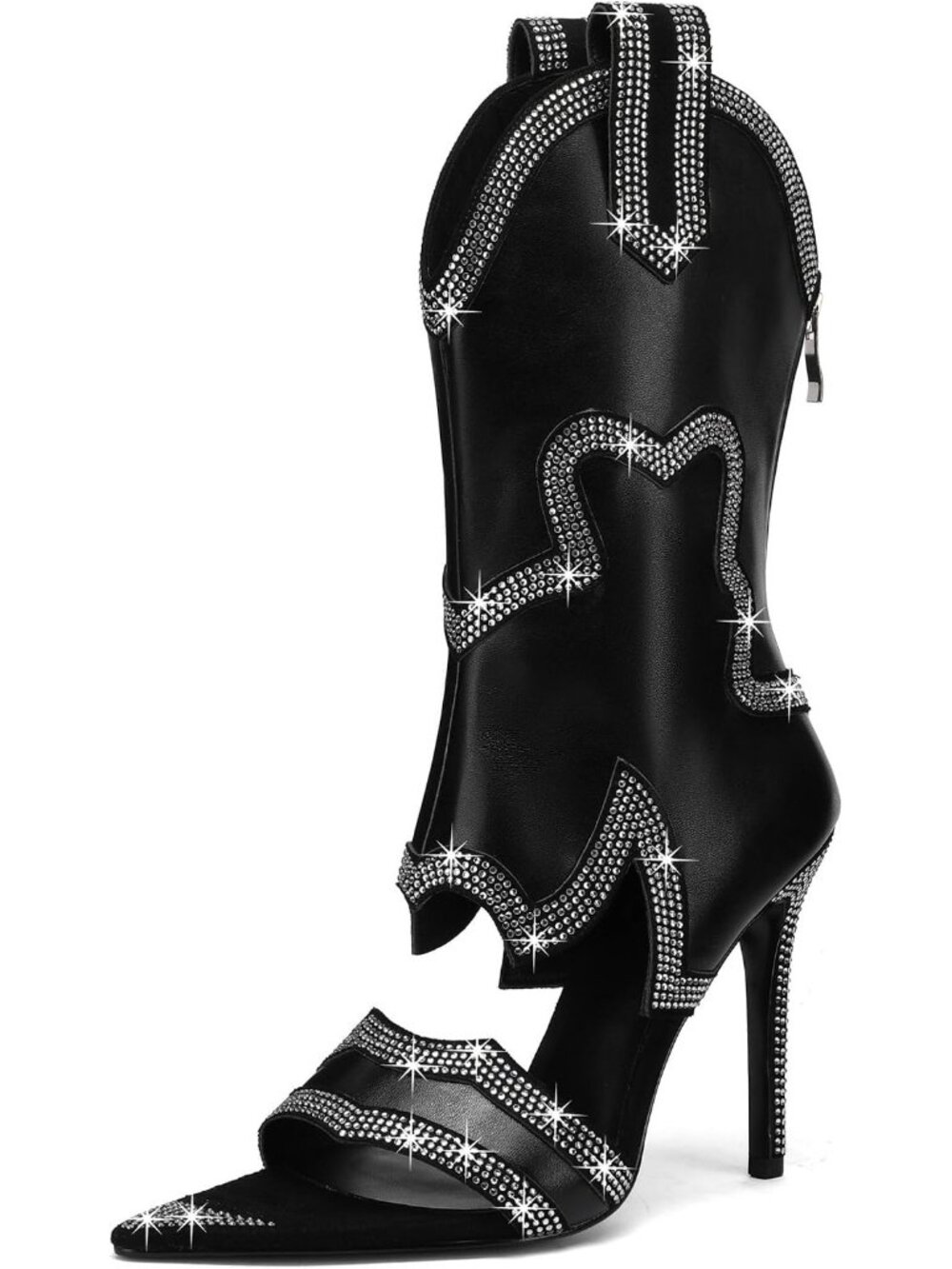 Women's Rhine-Black Low Block Heel Embroidery Sparkly Short Ankle Cowgirl Boot